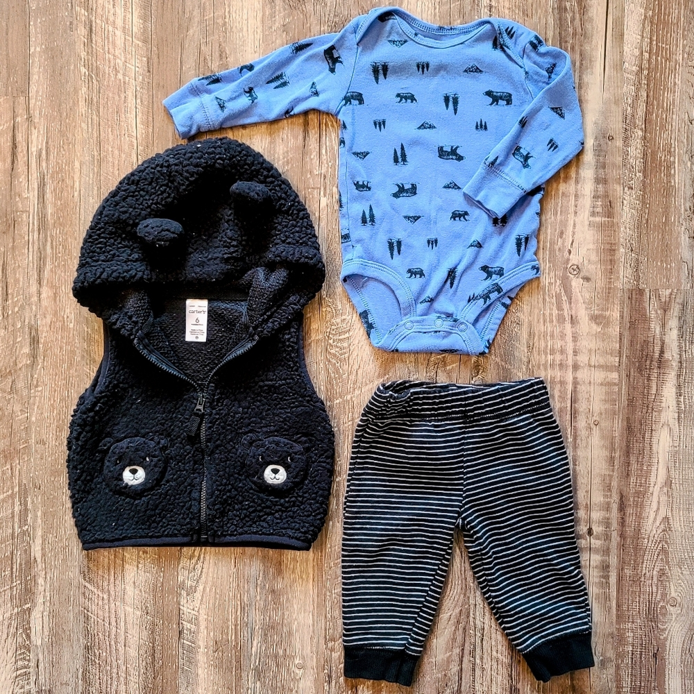 6 Month Boy Carter's 3-Piece Bear Outfit: Onesie, Pants, Vest
